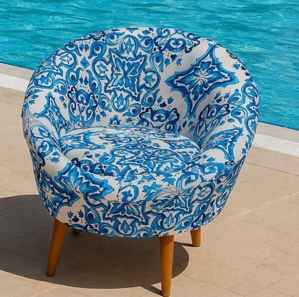 Lucca Elips Bleu Blanc Desenli Mavi Beyaz Kadife Kumaş Dekoratif Silindir Koltuk Berjer