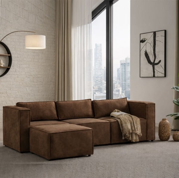Boho Mini 4 Modül, Modüler Köşe Koltuk Sırt Minderli, Nubuk 240x155 cm