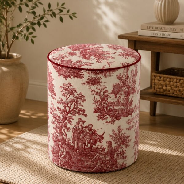 Toile de Jouy Desenli Vintage Düz Silindir Puf
