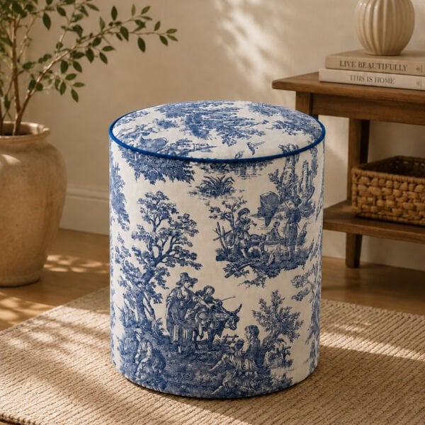 Toile de Jouy Desenli Vintage Düz Silindir Puf