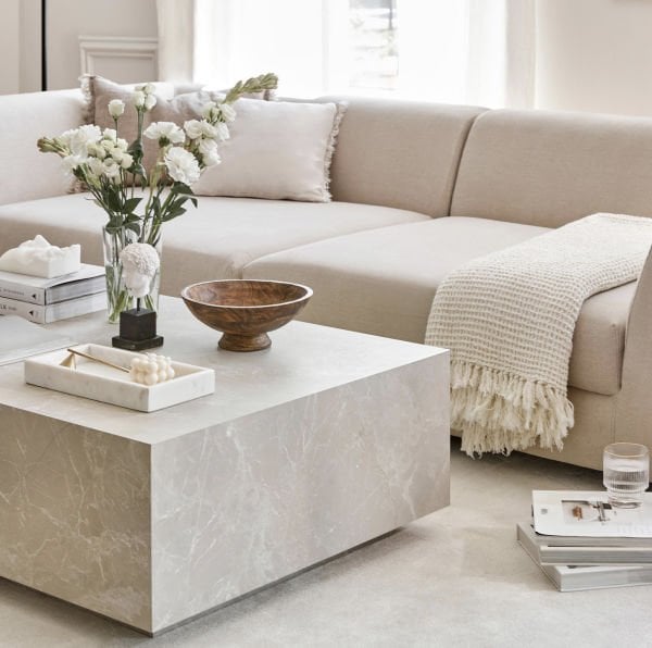 Thea Kare Orta Sehpa, Ahşap Mermer Desenli 90x90