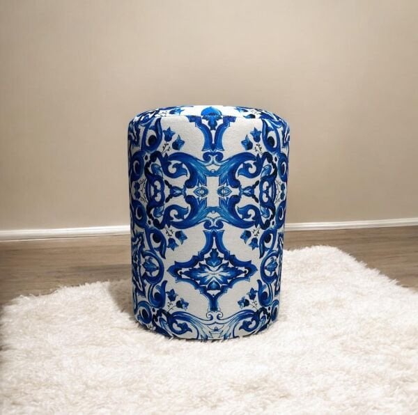 Bleu Blanc Desenli Mavi Beyaz Kadife Kumaş Dekoratif Silindir Puf