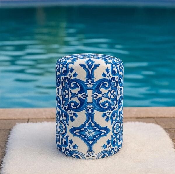 Bleu Blanc Desenli Mavi Beyaz Kadife Kumaş Dekoratif Silindir Puf