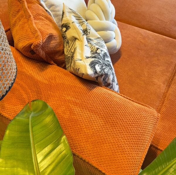 Frida 4 Modül Pofidik Modüler Kanepe L Köşe Koltuk Takımı, Dokulu Kadife Turuncu 295x190 Cm