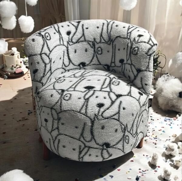 Leo Köpek Desenli Teddy Peluş Ahşap Ayaklı Çoçuk Bebek Koltuğu Sandalyesi, Siyah Beyaz