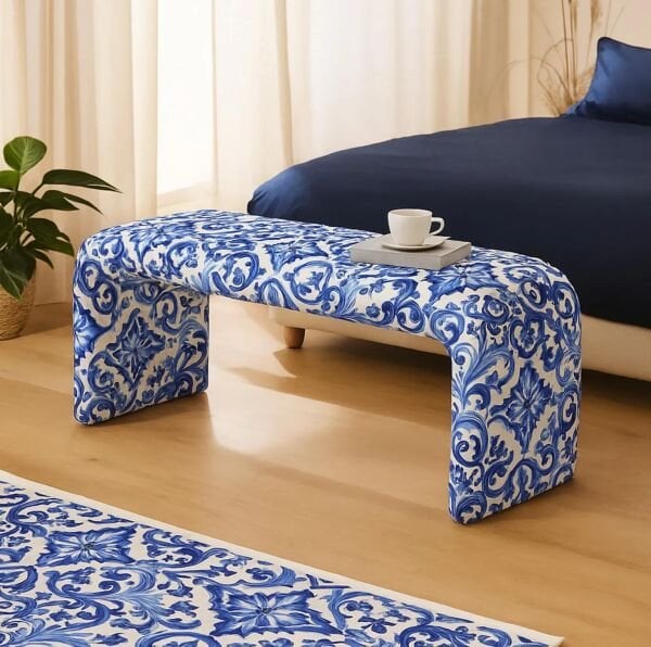 Peno U Puf Bench Bleu Blanc Desenli Mavi Beyaz Kadife Kumaş