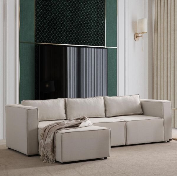 Boho Mini Modüler Köşe Koltuk Sırt Minderli, Keten 240x155 cm